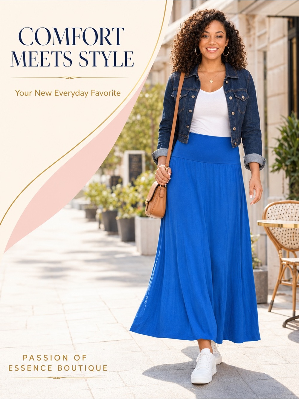 Royal Blue Fold-Over Waist Flowy A-Line Maxi Skirt - Picture 15 of 15